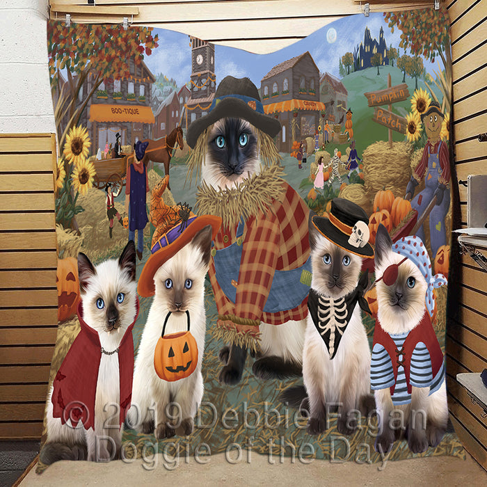 Halloween 'Round Town and Fall Pumpkin Scarecrow Both Siamese Cats Quilt