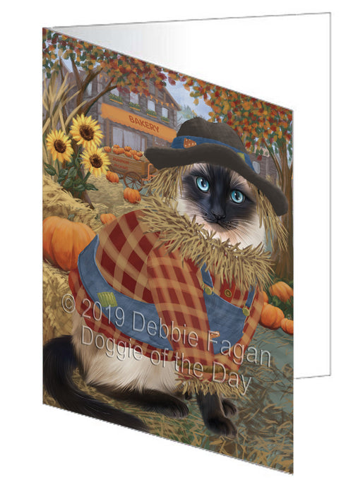 Fall Pumpkin Scarecrow Siamese Cats Handmade Artwork Assorted Pets Greeting Cards and Note Cards with Envelopes for All Occasions and Holiday Seasons GCD78644