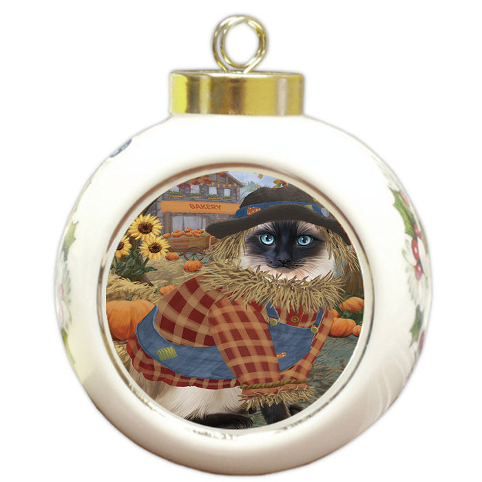 Halloween 'Round Town And Fall Pumpkin Scarecrow Both Siamese Cat Round Ball Christmas Ornament RBPOR57670
