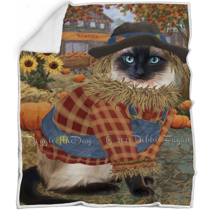 Halloween 'Round Town And Fall Pumpkin Scarecrow Both Siamese Cats Blanket BLNKT143653