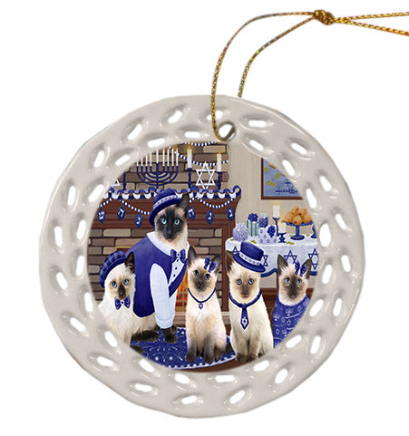 Happy Hanukkah Family Siamese Cats Ceramic Doily Ornament DPOR57735