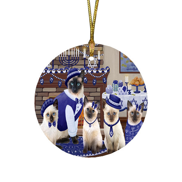 Happy Hanukkah Family and Happy Hanukkah Both Siamese Cats Round Flat Christmas Ornament RFPOR57639