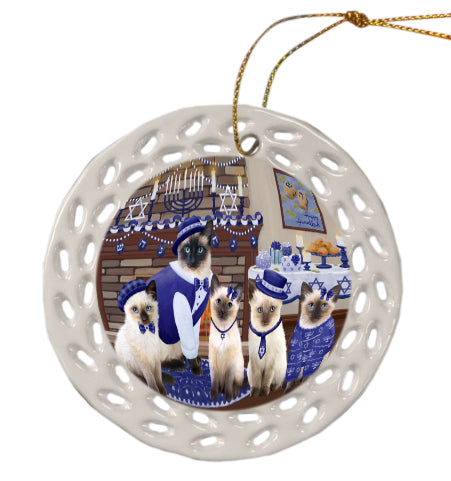 Happy Hanukkah Family Siamese Cats Doily Ornament DPOR57919