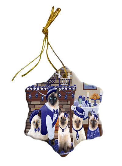 Happy Hanukkah Family Siamese Cats Star Porcelain Ornament SPOR57735