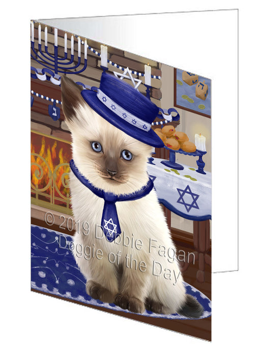 Happy Hanukkah Siamese Cat Handmade Artwork Assorted Pets Greeting Cards and Note Cards with Envelopes for All Occasions and Holiday Seasons GCD78734