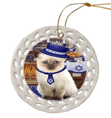 Happy Hanukkah Siamese Cat Ceramic Doily Ornament DPOR57796