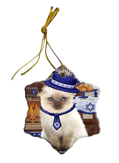 Happy Hanukkah Siamese Cat Star Porcelain Ornament SPOR57796