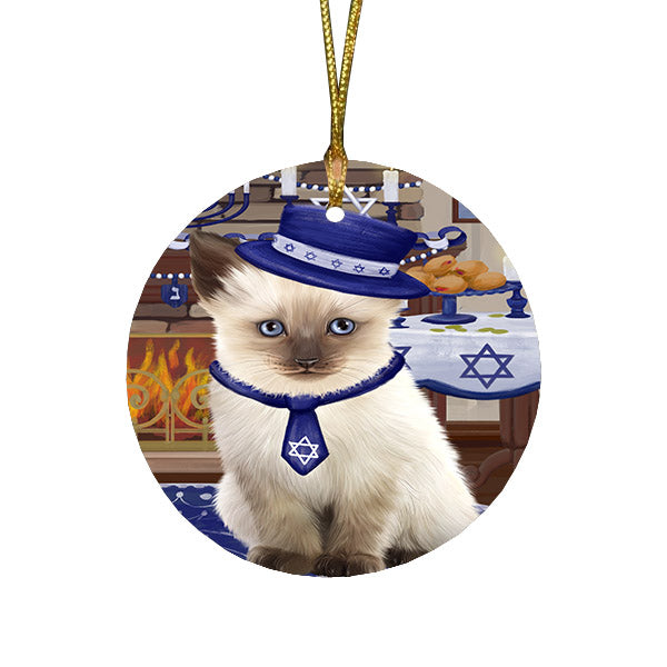 Happy Hanukkah Family and Happy Hanukkah Both Siamese Cat Round Flat Christmas Ornament RFPOR57700