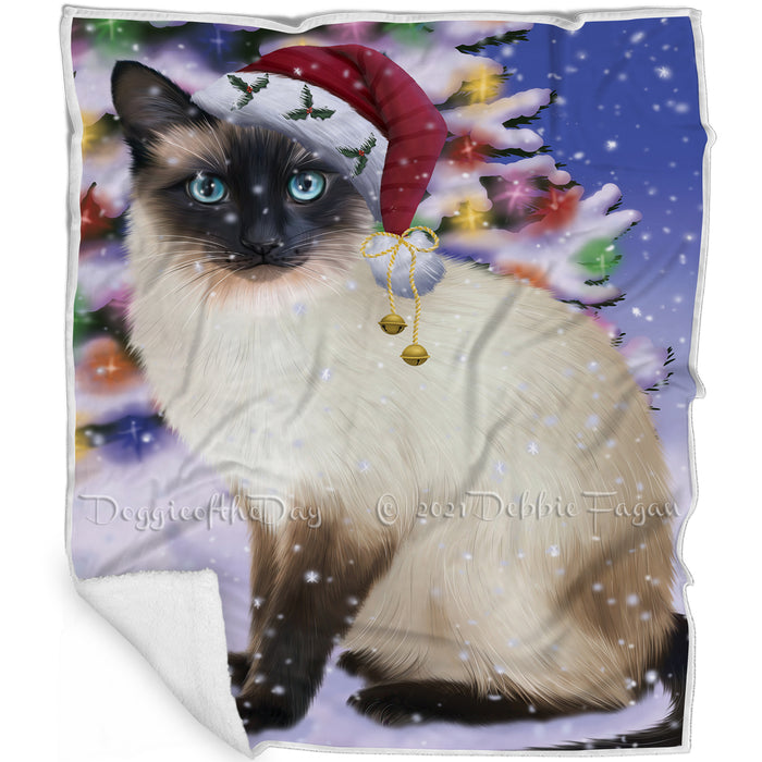 Winterland Wonderland Siamese Cat In Christmas Holiday Scenic Background Blanket BLNKT101334
