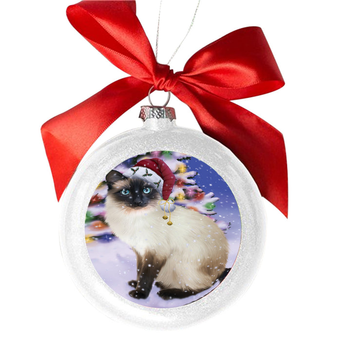 Winterland Wonderland Siamese Cat In Christmas Holiday Scenic Background White Round Ball Christmas Ornament WBSOR49640