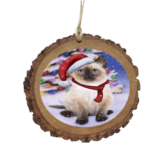 Winterland Wonderland Siamese Cat In Christmas Holiday Scenic Background Wooden Christmas Ornament WOR49641