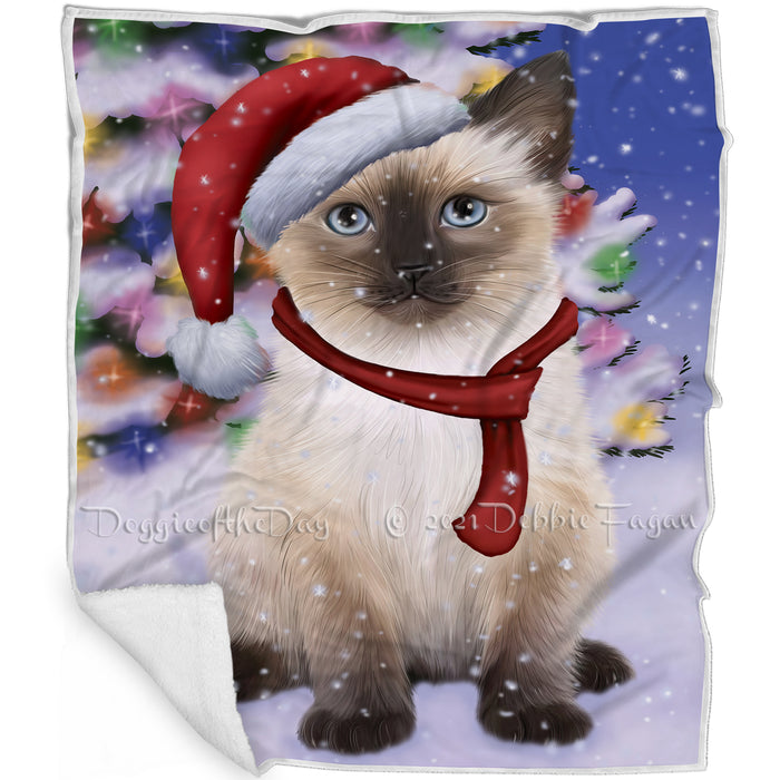 Winterland Wonderland Siamese Cat In Christmas Holiday Scenic Background Blanket BLNKT101343