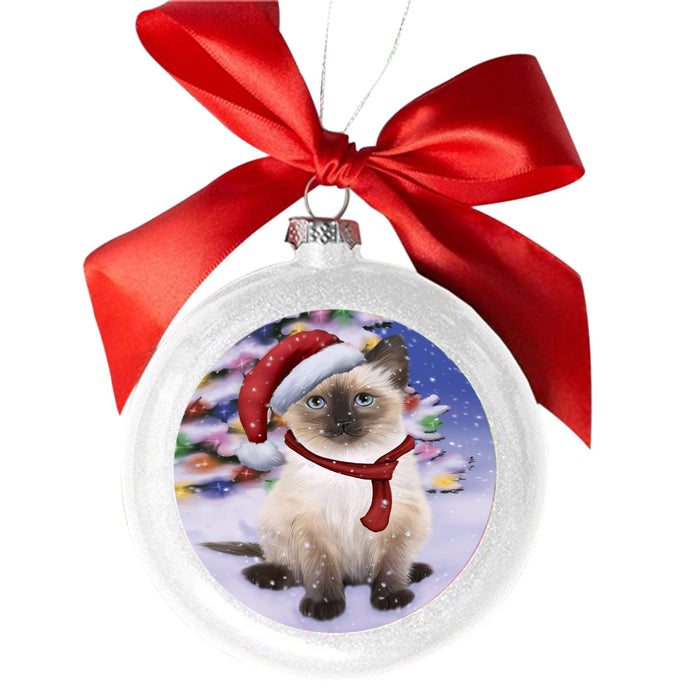 Winterland Wonderland Siamese Cat In Christmas Holiday Scenic Background White Round Ball Christmas Ornament WBSOR49641