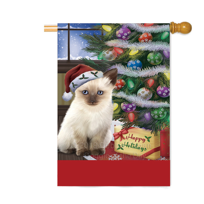 Personalized Christmas Happy Holidays Siamese Cat with Tree and Presents Custom House Flag FLG-DOTD-A58723