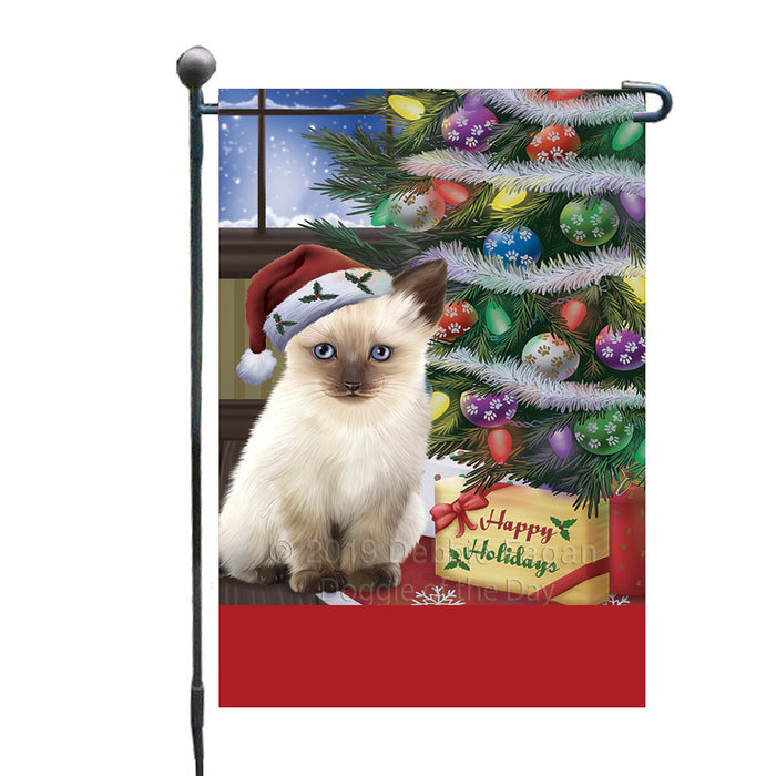 Personalized Christmas Happy Holidays Siamese Cat with Tree and Presents Custom Garden Flags GFLG-DOTD-A58667