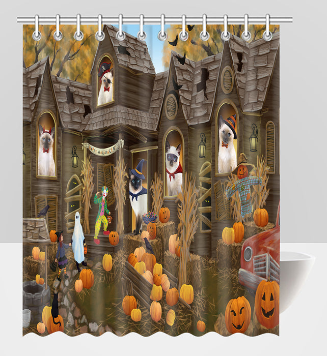 Haunted House Halloween Trick or Treat Siamese Cats Shower Curtain