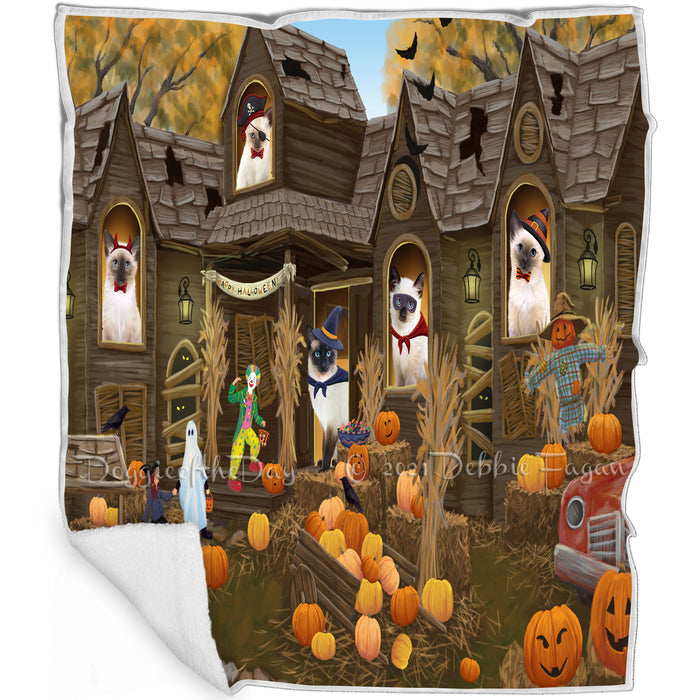 Haunted House Halloween Trick or Treat Siamese Cats Blanket BLNKT93450