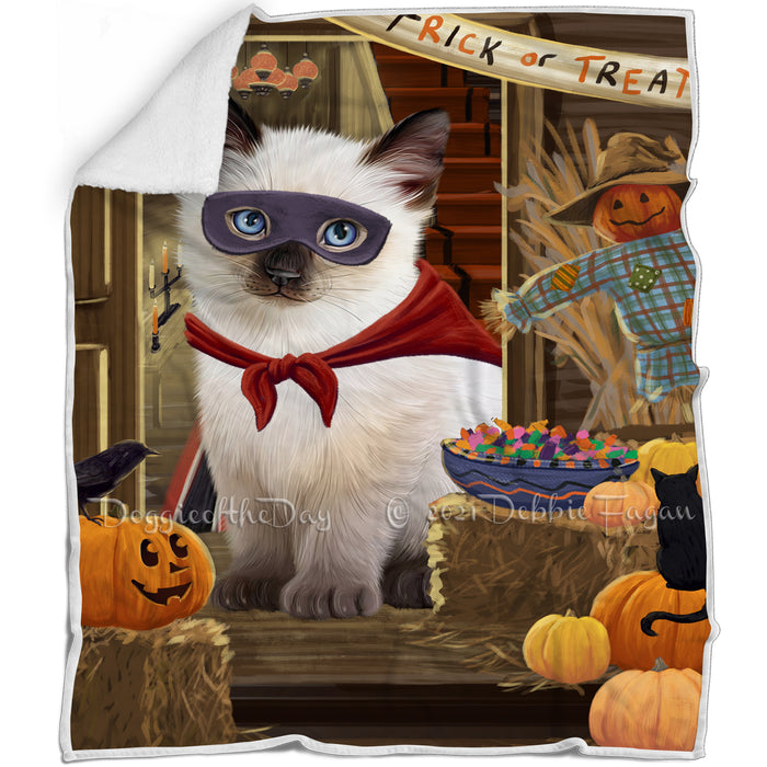 Enter at Own Risk Trick or Treat Halloween Siamese Cat Dog Blanket BLNKT96996