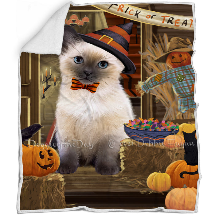 Enter at Own Risk Trick or Treat Halloween Siamese Cat Dog Blanket BLNKT97023