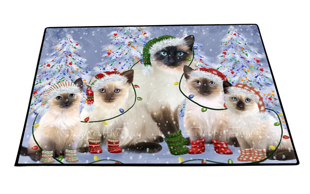 Christmas Lights and Siamese Cats Floor Mat- Anti-Slip Pet Door Mat Indoor Outdoor Front Rug Mats for Home Outside Entrance Pets Portrait Unique Rug Washable Premium Quality Mat