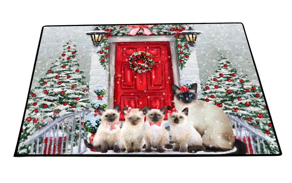Christmas Holiday Welcome Siamese Cats Floor Mat- Anti-Slip Pet Door Mat Indoor Outdoor Front Rug Mats for Home Outside Entrance Pets Portrait Unique Rug Washable Premium Quality Mat