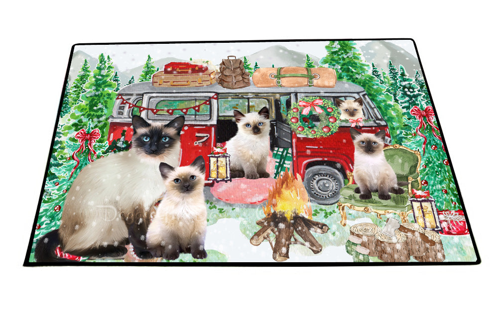 Christmas Time Camping with Siamese Cats Floor Mat- Anti-Slip Pet Door Mat Indoor Outdoor Front Rug Mats for Home Outside Entrance Pets Portrait Unique Rug Washable Premium Quality Mat