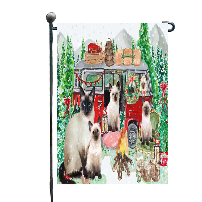 Christmas Time Camping with Siamese Cats Garden Flags- Outdoor Double Sided Garden Yard Porch Lawn Spring Decorative Vertical Home Flags 12 1/2"w x 18"h