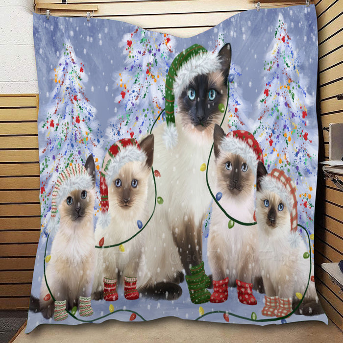 Christmas Lights and Siamese Cats  Quilt Bed Coverlet Bedspread - Pets Comforter Unique One-side Animal Printing - Soft Lightweight Durable Washable Polyester Quilt