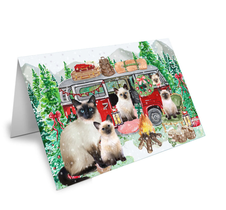 Christmas Time Camping with Siamese Cats Handmade Artwork Assorted Pets Greeting Cards and Note Cards with Envelopes for All Occasions and Holiday Seasons