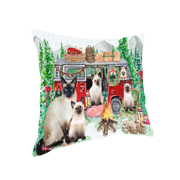 Christmas Time Camping with Siamese Cats Pillow with Top Quality High-Resolution Images - Ultra Soft Pet Pillows for Sleeping - Reversible & Comfort - Ideal Gift for Dog Lover - Cushion for Sofa Couch Bed - 100% Polyester