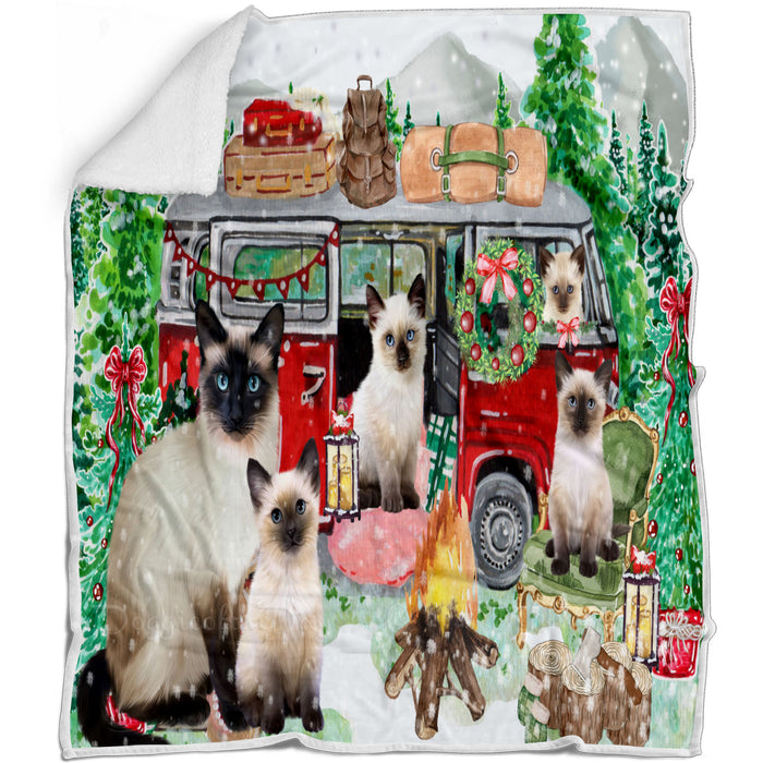 Christmas Time Camping with Siamese Cats Blanket - Lightweight Soft Cozy and Durable Bed Blanket - Animal Theme Fuzzy Blanket for Sofa Couch