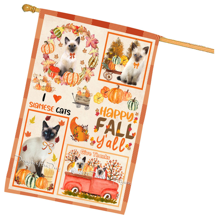 Happy Fall Y'all Pumpkin Siamese Cats House Flag Outdoor Decorative Double Sided Pet Portrait Weather Resistant Premium Quality Animal Printed Home Decorative Flags 100% Polyester