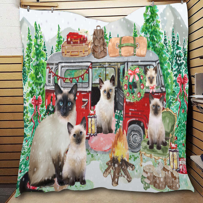 Christmas Time Camping with Siamese Cats  Quilt Bed Coverlet Bedspread - Pets Comforter Unique One-side Animal Printing - Soft Lightweight Durable Washable Polyester Quilt