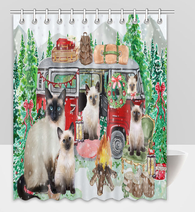 Christmas Time Camping with Siamese Cats Shower Curtain Pet Painting Bathtub Curtain Waterproof Polyester One-Side Printing Decor Bath Tub Curtain for Bathroom with Hooks