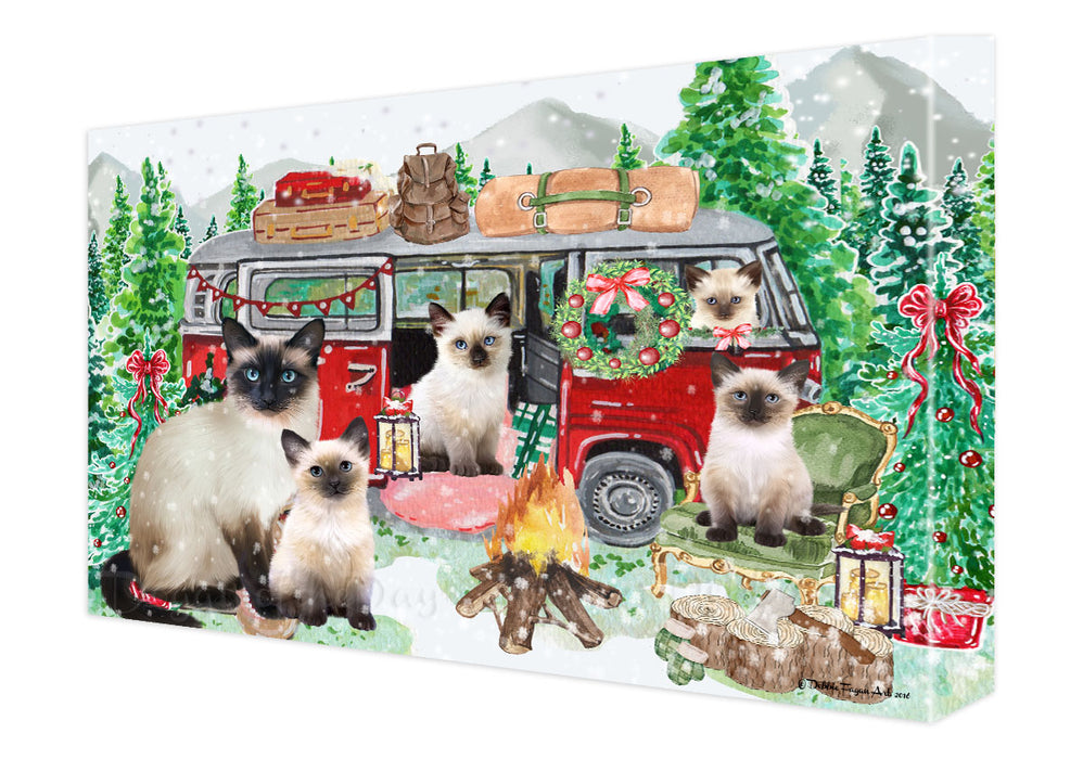 Christmas Time Camping with Siamese Cats Canvas Wall Art - Premium Quality Ready to Hang Room Decor Wall Art Canvas - Unique Animal Printed Digital Painting for Decoration