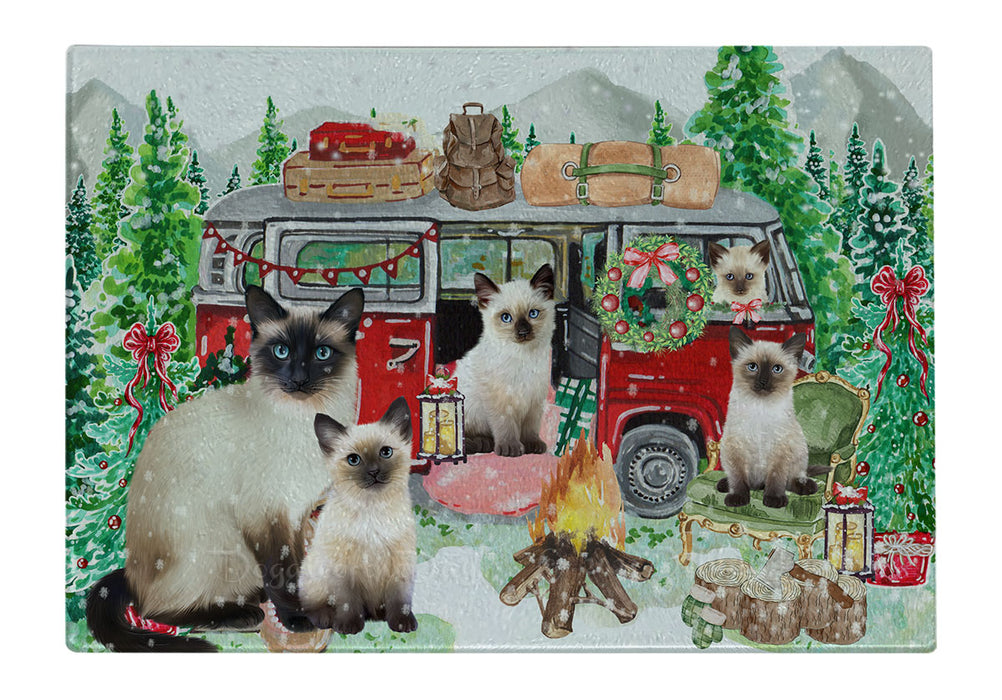 Christmas Time Camping with Siamese Cats Cutting Board - For Kitchen - Scratch & Stain Resistant - Designed To Stay In Place - Easy To Clean By Hand - Perfect for Chopping Meats, Vegetables