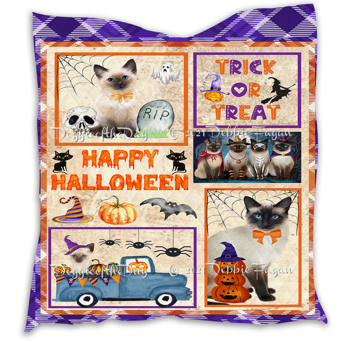 Happy Halloween Trick or Treat Pumpkin Siamese Cats Lightweight Soft Bedspread Coverlet Bedding Quilt QUILT61101