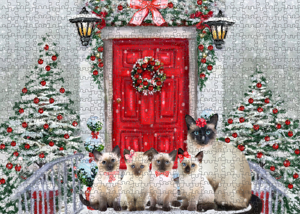 Christmas Holiday Welcome Siamese Cats Portrait Jigsaw Puzzle for Adults Animal Interlocking Puzzle Game Unique Gift for Dog Lover's with Metal Tin Box