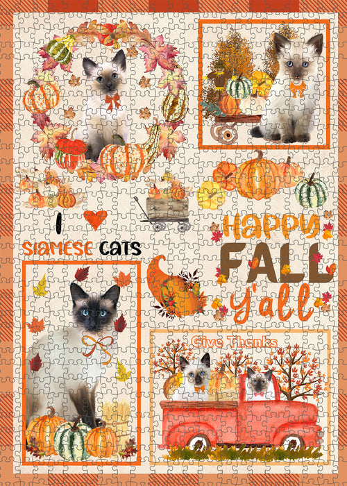 Happy Fall Y'all Pumpkin Siamese Cats Portrait Jigsaw Puzzle for Adults Animal Interlocking Puzzle Game Unique Gift for Dog Lover's with Metal Tin Box
