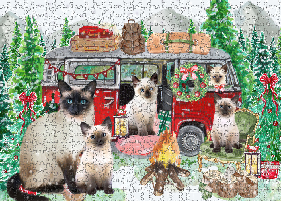 Christmas Time Camping with Siamese Cats Portrait Jigsaw Puzzle for Adults Animal Interlocking Puzzle Game Unique Gift for Dog Lover's with Metal Tin Box