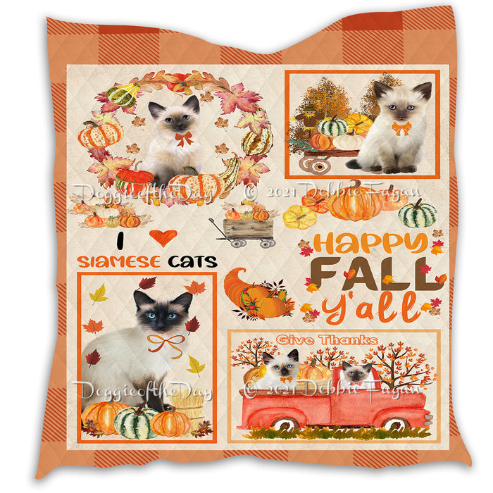 Happy Fall Y'all Pumpkin Siamese Cats Quilt Bed Coverlet Bedspread - Pets Comforter Unique One-side Animal Printing - Soft Lightweight Durable Washable Polyester Quilt