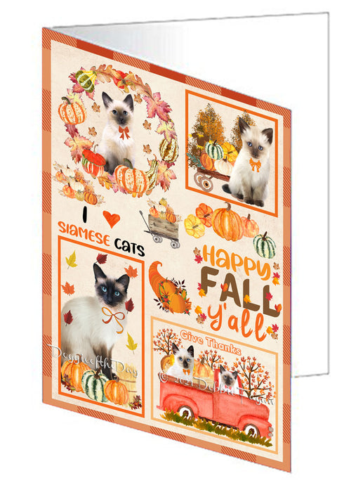 Happy Fall Y'all Pumpkin Siamese Cats Handmade Artwork Assorted Pets Greeting Cards and Note Cards with Envelopes for All Occasions and Holiday Seasons GCD77129