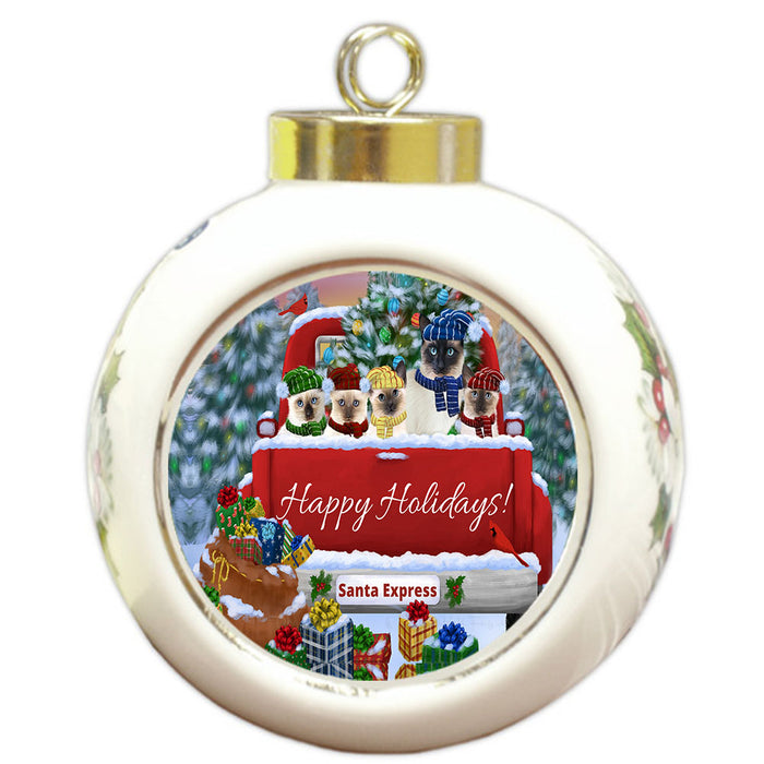 Christmas Red Truck Travlin Home for the Holidays Siamese Cats Round Ball Christmas Ornament Pet Decorative Hanging Ornaments for Christmas X-mas Tree Decorations - 3" Round Ceramic Ornament