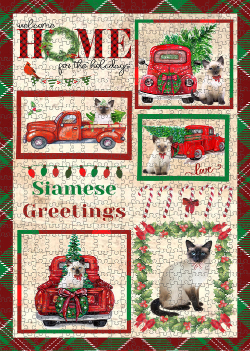 Welcome Home for Christmas Holidays Siamese Cats Portrait Jigsaw Puzzle for Adults Animal Interlocking Puzzle Game Unique Gift for Dog Lover's with Metal Tin Box
