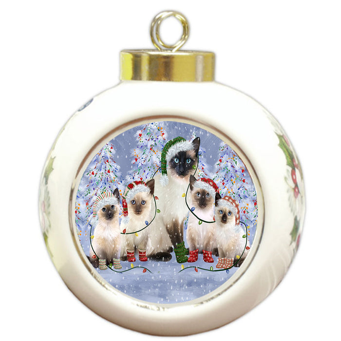 Christmas Lights and Siamese Cats Round Ball Christmas Ornament Pet Decorative Hanging Ornaments for Christmas X-mas Tree Decorations - 3" Round Ceramic Ornament