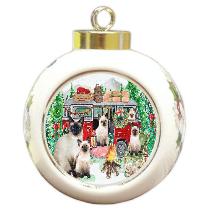 Christmas Time Camping with Siamese Cats Round Ball Christmas Ornament Pet Decorative Hanging Ornaments for Christmas X-mas Tree Decorations - 3" Round Ceramic Ornament