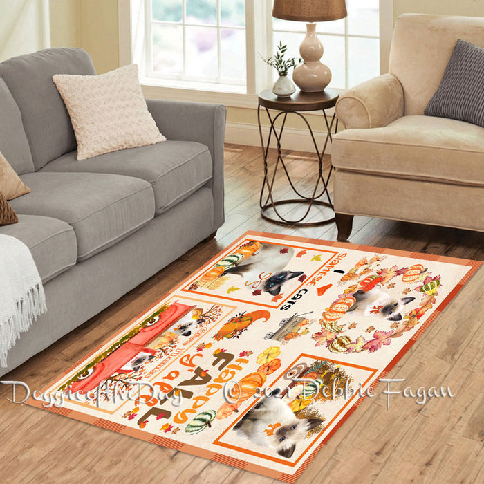 Happy Fall Y'all Pumpkin Siamese Cats Polyester Living Room Carpet Area Rug ARUG67132