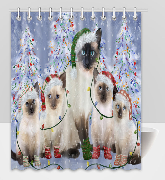 Christmas Lights and Siamese Cats Shower Curtain Pet Painting Bathtub Curtain Waterproof Polyester One-Side Printing Decor Bath Tub Curtain for Bathroom with Hooks