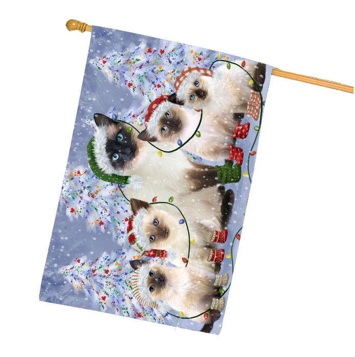 Christmas Lights and Siamese Cats House Flag Outdoor Decorative Double Sided Pet Portrait Weather Resistant Premium Quality Animal Printed Home Decorative Flags 100% Polyester