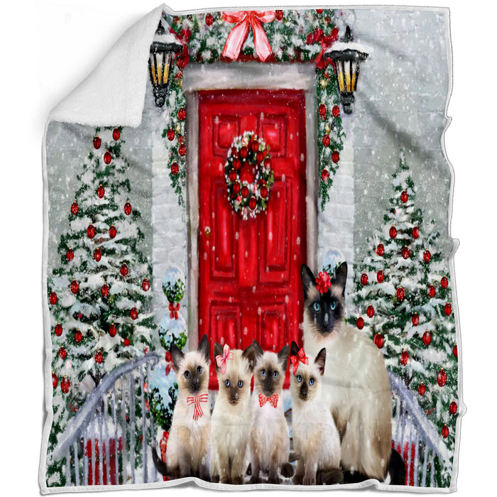 Christmas Holiday Welcome Siamese Cats Blanket - Lightweight Soft Cozy and Durable Bed Blanket - Animal Theme Fuzzy Blanket for Sofa Couch